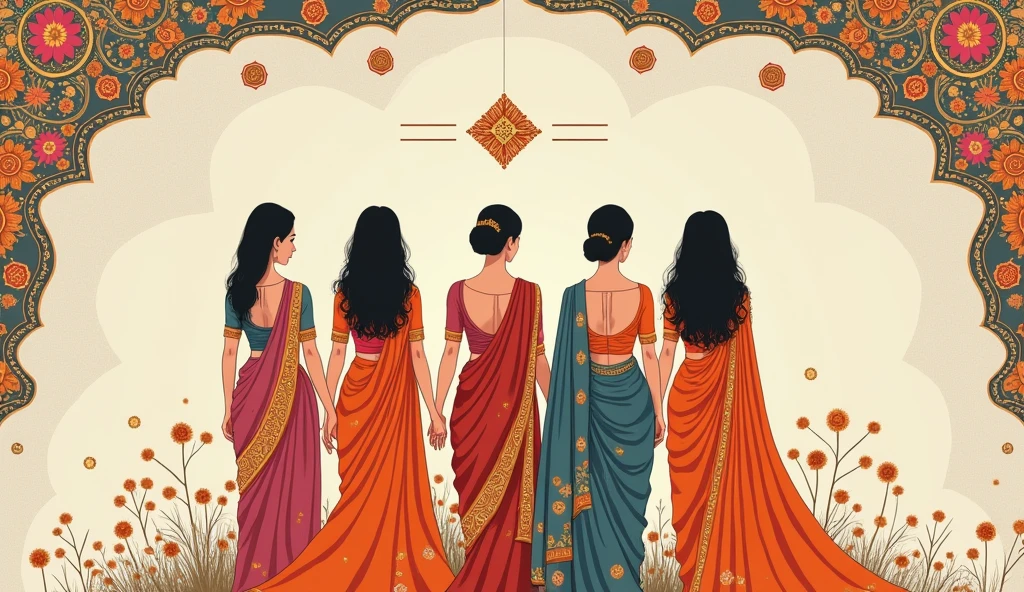 An enchanting illustration of a sari rental banner, featuring muted grey and orange tones with exquisite Indian ornamentation. At the top, three horizontal QR codes catch the eye, while at the bottom, the text "harinama and sari island" is prominently displayed. The central focus of the composition is a group of five elegantly dressed women wearing stunning saris. The overall design masterfully combines illustration, typography, and a tasteful nod to fashion, resulting in a visually appealing and eye-catching poster., poster, typography, illustration, fashion