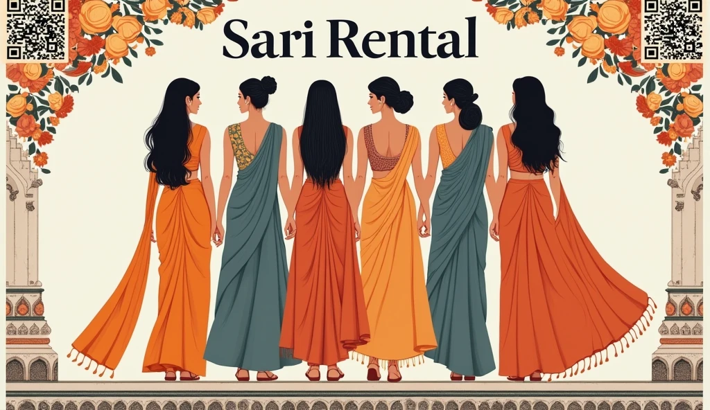 An enchanting illustration of a sari rental banner, featuring muted grey and orange tones with exquisite Indian ornamentation. At the top, three horizontal QR codes catch the eye, while at the bottom, the text "harinama and sari island" is prominently displayed. The central focus of the composition is a group of five elegantly dressed women wearing stunning saris. The overall design masterfully combines illustration, typography, and a tasteful nod to fashion, resulting in a visually appealing and eye-catching poster., poster, typography, illustration, fashion