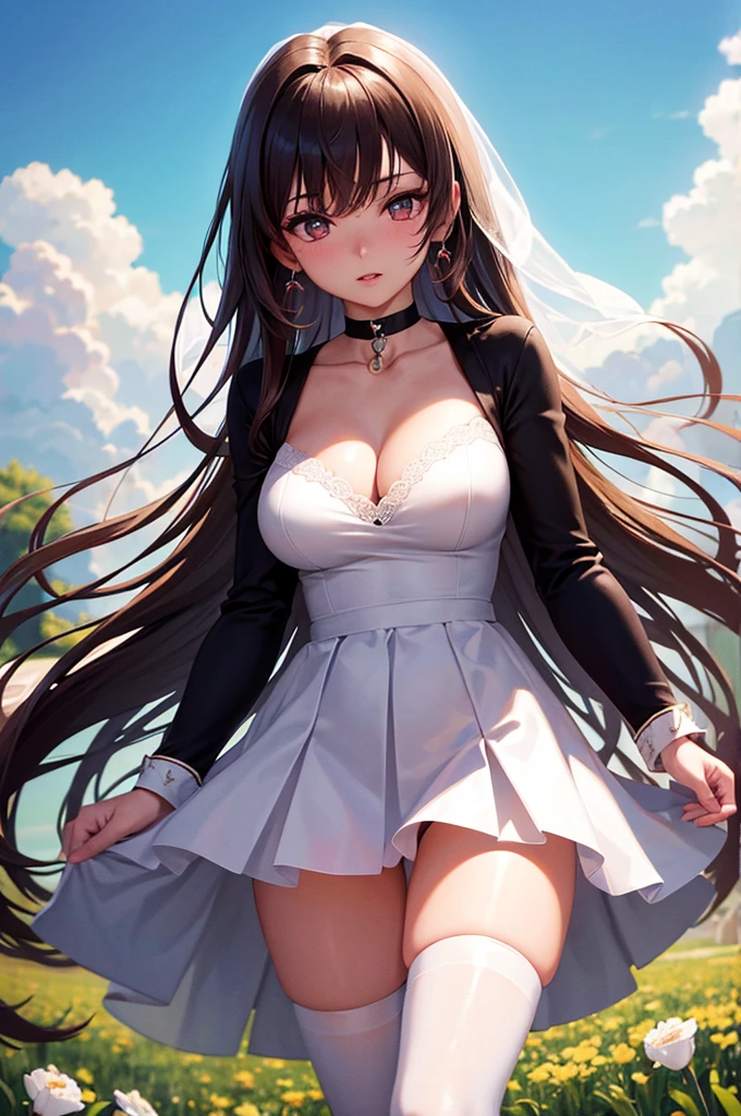A beautiful 20 years old girl walking in a field of flowers, anime girl, wedding dress, skirt parted in front, white thigh highs, white panties blue sky, rain of flowers, big round breasts, dark brown hair, long hair, wavy hair, long bangs, expressive hair, shiny hair, hairclip, aqua eyes, glowing eyes, pupils sparkling, blush, glossy lips, surprised, ruby earrings, detailed face, choker, windy day, good lighting, perfect body, whole body, anime CG style, high definition, natural light, high detail, anime, dithering, image fill, perspective, Wide-Angle, f/1.8, 85mm, Sony FE GM, 8k, 8k wallpaper, super detail, highly detailed CG, UHD, retina, masterpiece, accurate, anatomically correct, textured skin, highres, best quality:1.3, 16k