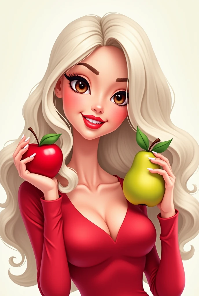 Cartoon barbie girl image white hair dark brown eyes a seductive look with an apple and a pear wearing a red long sleeved shirt