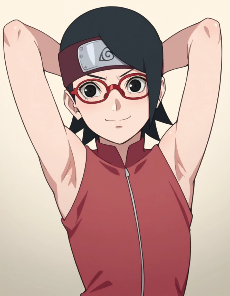 score_9, score_8_up, score_7_up, source_anime, sarada uchiha, short hair, black hair, black eyes, red-framed eyewear, glasses, swept bangs, looking at viewer, eye contact with viewer, smile, (smug:0.8), closed mouth, light blush, bare shoulders, bare arms, bedroom background, arm up, raised arm, arm behind head, armpit, flat chest