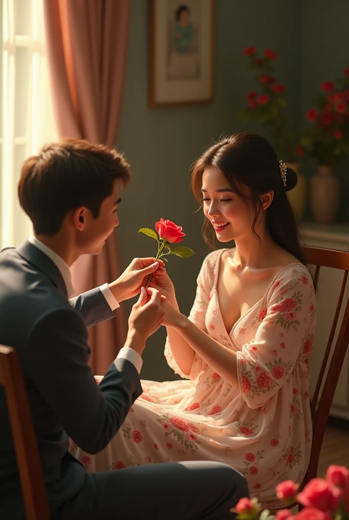 Beautiful girl of 25 yeras age wearing floral dress and sitting on a chair and receiving a Rose from her husband