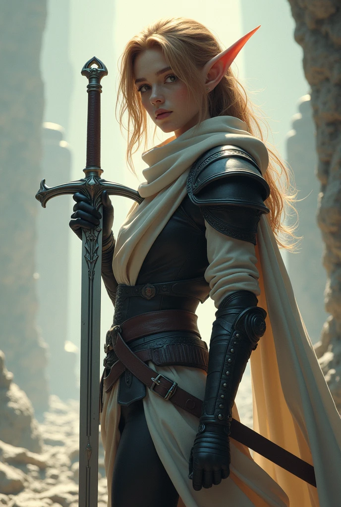 Final Fantasy game theme. Image of a 21 year old elf with tanned hair standing holding her favorite sword., He wore light black and white armor.., pastel colours, and dramatic tones. A masterpiece with the highest resolution. , Surrealist image type