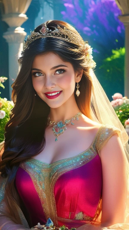 (a beautiful woman in a stunning gown of flowing silk with a radiant smile and captivating eyes),vibrant colors,highres,ultra-detailed,sharp focus,soft lighting,realistic,fantasy-inspired,portraits,subtle color palette,ethereal glow,fairytale,graceful,pastel shades,enchanted garden,lovely flowers,twinkling lights,whimsical ambiance