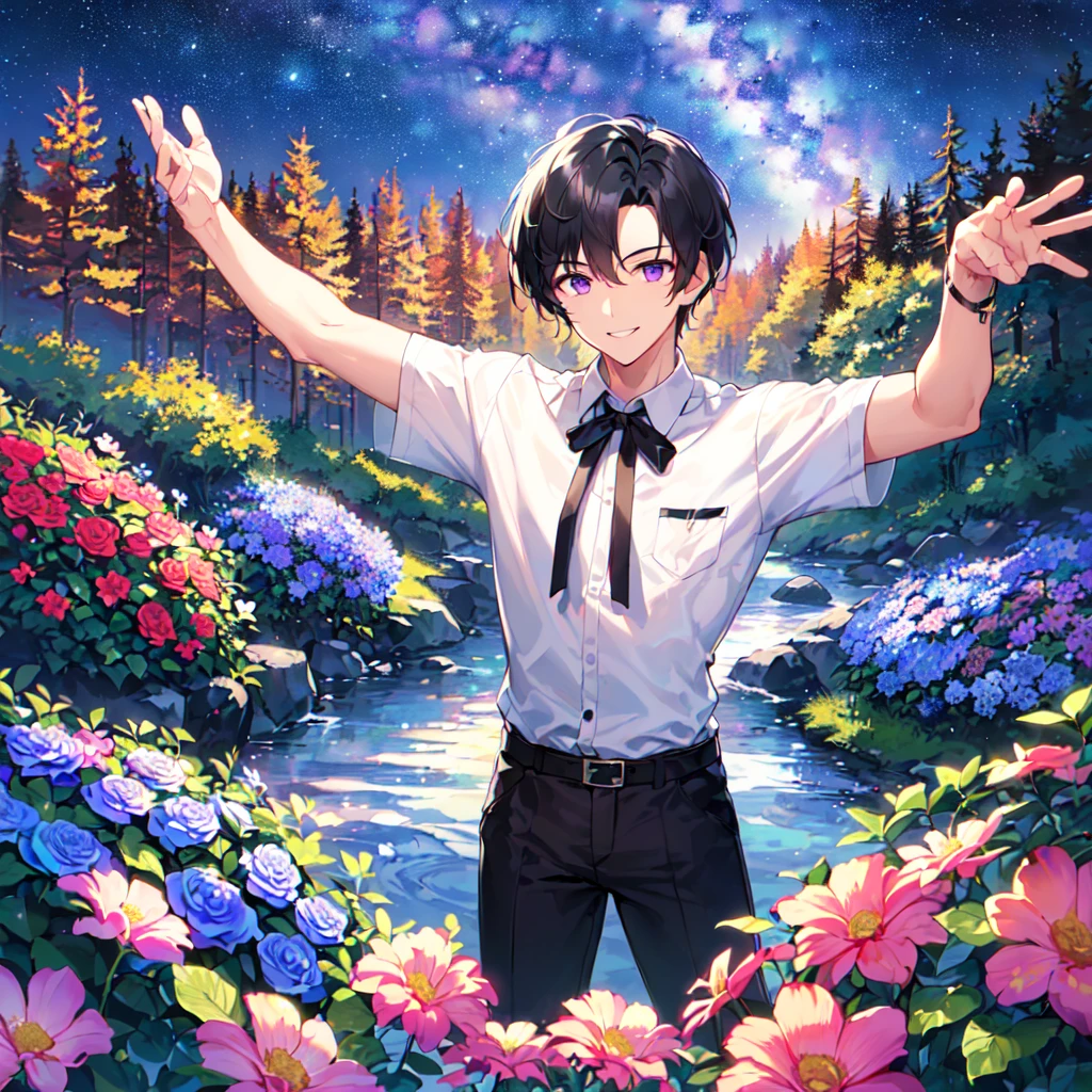masterpiece,best quality,high quality,(1 male austere handsome solo adult age 30 years old:1.5), purple eyes, cool with suspended eyes, V-shaped eyebrows, body strong and fearless 8.5 head tall, height 185cm, (well-groomed black short hair down to neck:1.4), (bangs 7 thirds parted:1.4), slender nose, facial muscles, throat, (short sleeves and pants in summer fashion:1.3), (smiling), (stylish pose), (cool smile:1.3), (summer flowers forest and river:1.3), (Milky Way Night Sky:1.3)