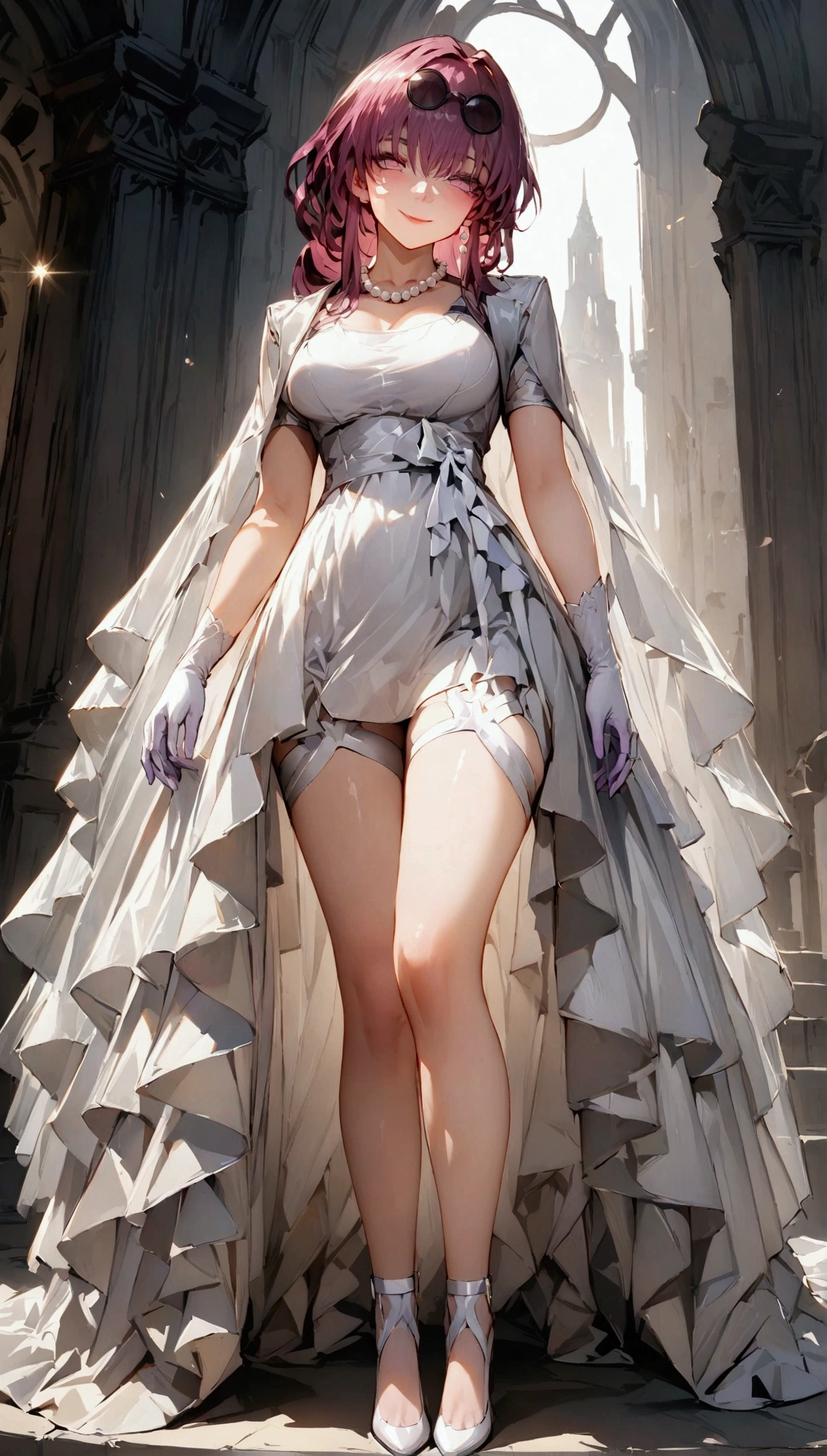 (Masterpiece. The best quality. 8K. Sharp focus. Depth of field, The best shadows. Perfect lighting. HDR. Realistic skin texture. Ultra-detailed background. Detailing). Anime style. Honkai: Star Rail. Kafka. 1 girl. Purple hair, long hair, hair to the waist, hair gathered in a ponytail. Light lilac eyes, beautiful eyes, beautiful eyes, expressive eyes. Beautiful nose, perfect facial features. Perfect anatomical body, slender figure, third size breasts, beautiful breasts, thin waist, rounded hips, beautiful long legs. White veil, white wedding dress, white high-heeled shoes, white elbow-length gloves, pearl necklace, wedding ring, bridal bouquet, sunglasses on her head. Standing at the altar, standing at full height, concept art. Happy smile, embarrassed smile, slight blushing, slight embarrassment. Looking at the viewer.  Full body.