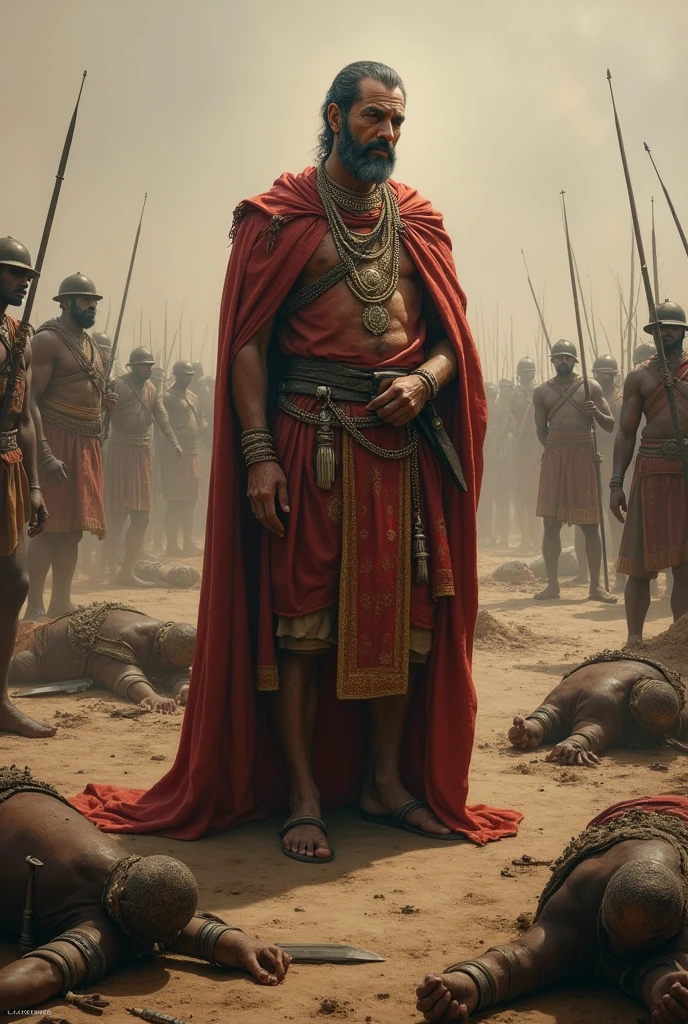 King Ashoka Overlooking the Battlefield: Depict King Ashoka standing solemnly amidst the devastation of the Kalinga War, reflecting on the aftermath with a pensive expression.