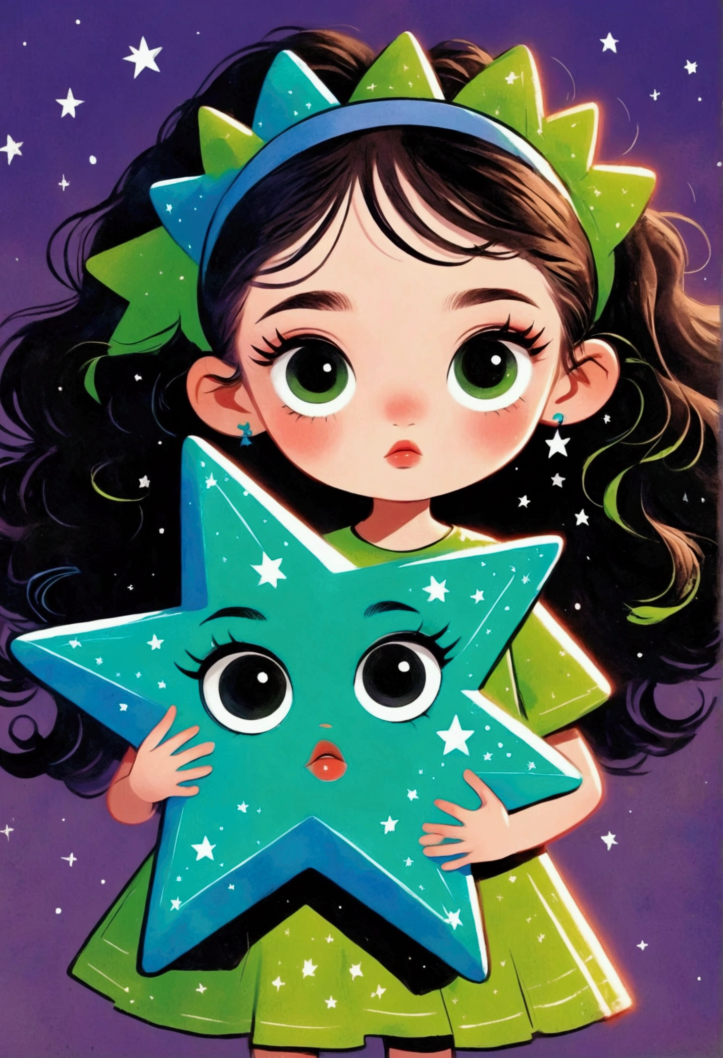 green and blue, Cute holding a huge star , with big eyes ,huge stars , glowing stars, doodle in the style of Keith Haring, sharpie illustration, MBE illustration, bold lines, in the style of grunge beauty, mixed patterns, text and emoji installations