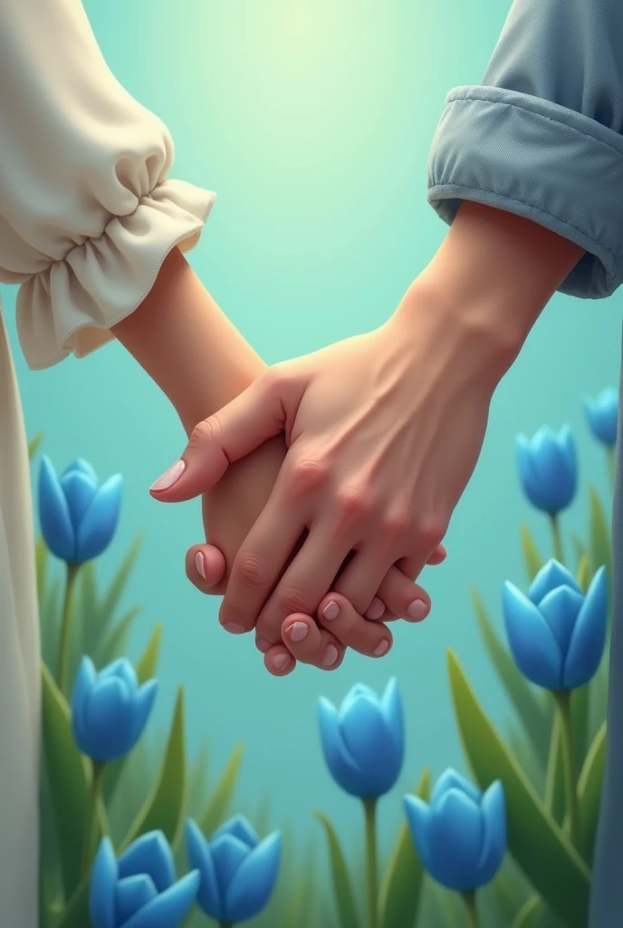 Hands intertwined with love of man and woman on sky blue and green background with blue and green tulips 