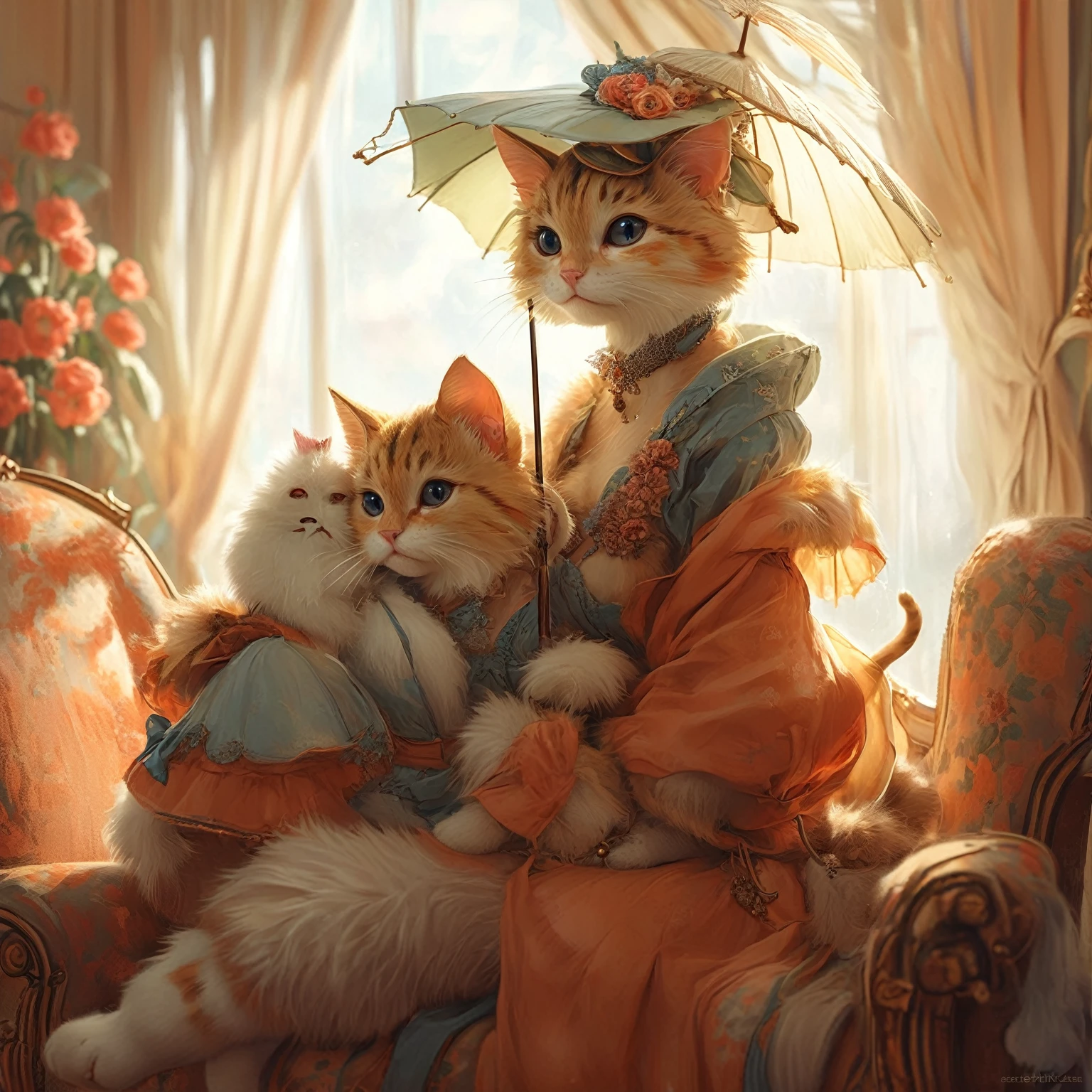 There is a cat sitting on a chair holding an umbrella., Furry fantasy art, very very beautiful fur art, pov fur art, Adorable digital painting, anthropomorphic fur art, Furry digital art, fur art, Anthro Art, Great cgsociety, Fashionably dressed fursona, cgsociety masterpiece, Anthropomorphic cat, CGSociety Trends