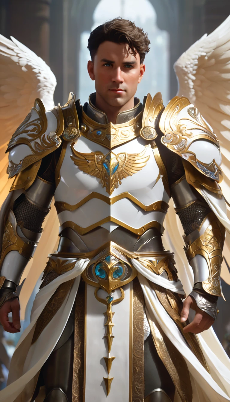 dungeons and dragons, character design, best quality, masterpiece, extremely detailed, 30 year old, male aasimar, stylish short hair, protector paladdin, huge angel wings, heavy plate armor, glowing celestial runes, flowy tabard, greatsword, ornate shield, cinematic lighting, perfect face, perfect hands, perfection