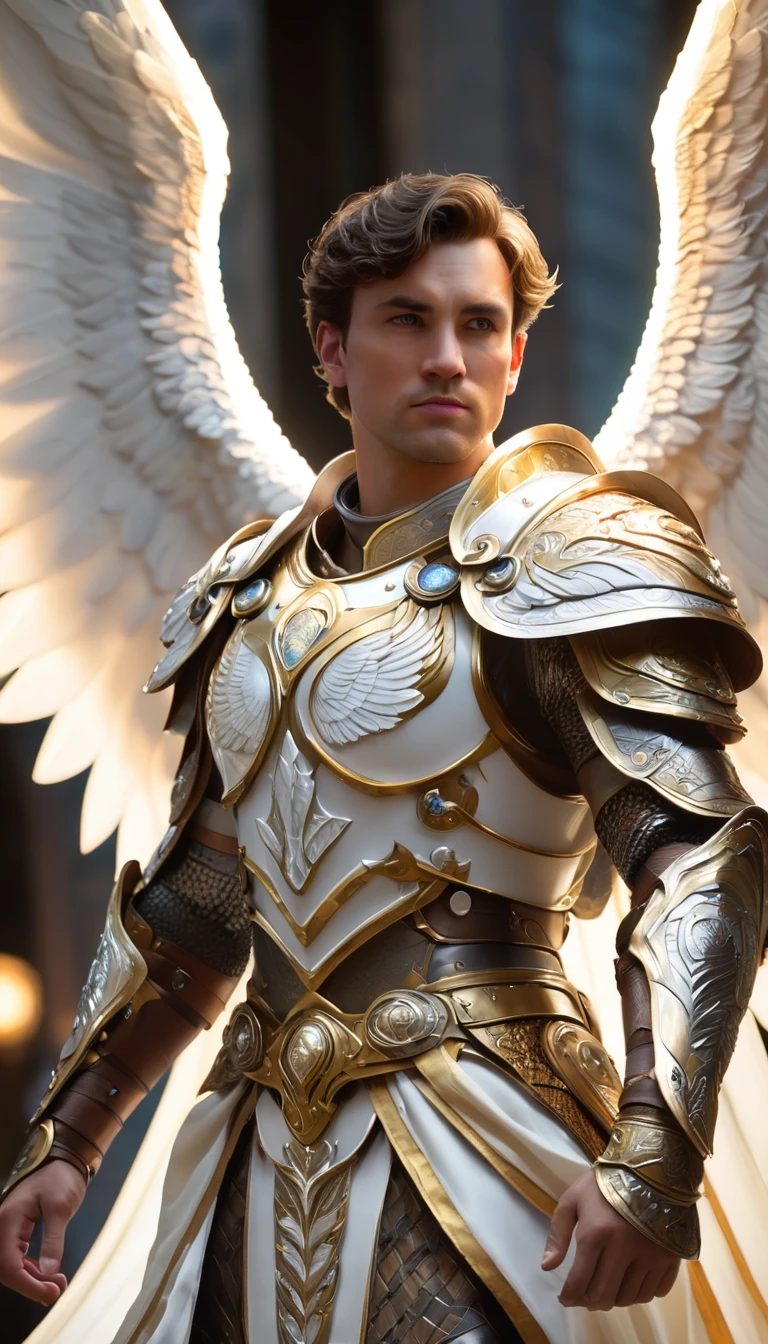 dungeons and dragons, character design, best quality, masterpiece, extremely detailed, 30 year old, male aasimar, stylish short hair, protector paladdin, huge angel wings, heavy plate armor, glowing celestial runes, flowy tabard, greatsword, ornate shield, cinematic lighting, perfect face, perfect hands, perfection