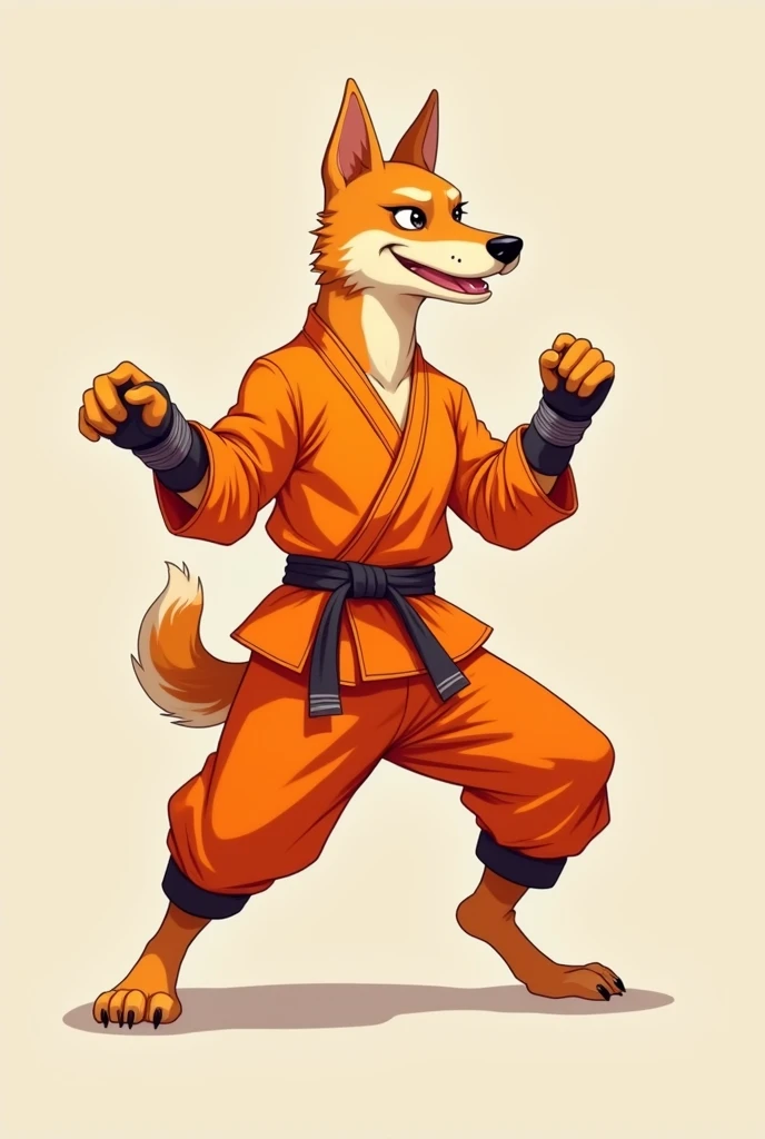 A Kunming dog in a orange martial arts outfit. Doing a kickboxing pose.