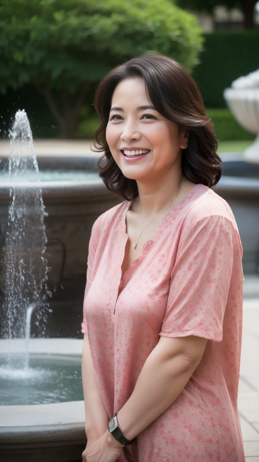 最high quality, In 8K, whole body, Real, Upper Body, high quality, High resolution, Detailed face, Detailed eyes, Thick lips, (Look at the viewers), alone, Middle-aged women, , 60 years old, , Wavy Hair, , Wearing short sleeves, Standing in front of a fountain, Wrinkles around the eyes, Smiling with teeth showing, Background Blur