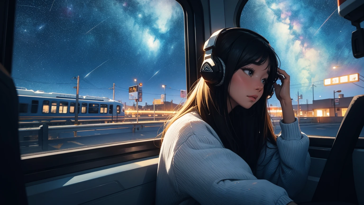 train, Sit by the window, Adopt a pensive posture, Stargazing, His head was stuck in the glass, Put on headphones, Scenery passing by at high speed, Night Travel, Beautiful starry sky, beautiful girl, UHD Portrait, (high quality) (Super detailed) Observation of viewers wearing hip-hop street fashion; different, colorful, Long hair in color 🌈