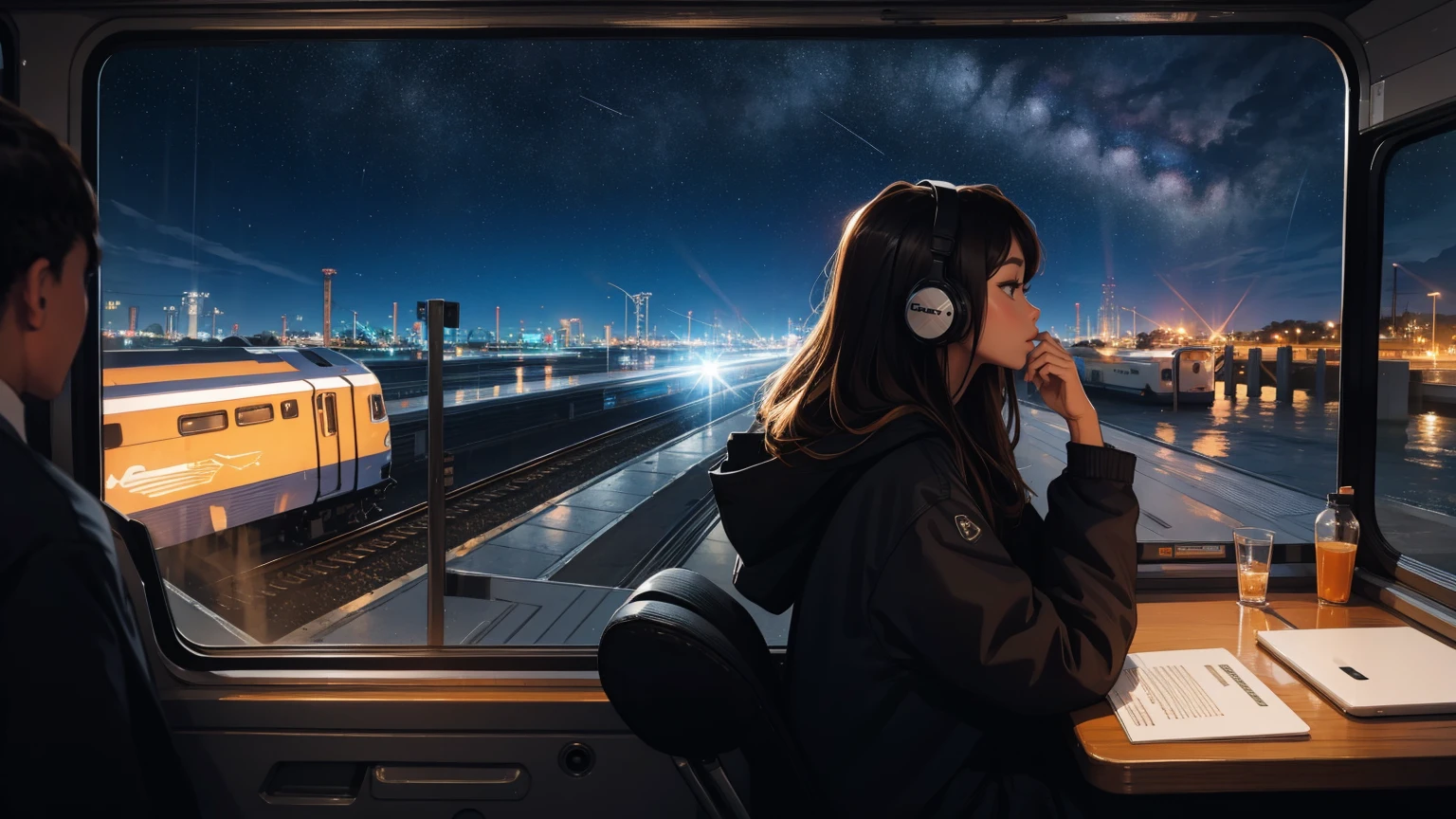 train,  Sit by the window,  Adopt a pensive posture, Stargazing, His head was stuck in the glass, Put on headphones, Scenery passing by at high speed, Night Travel, Beautiful starry sky, beautiful girl, UHD Portrait, (high quality) (Super detailed) Observation of viewers wearing hip-hop street fashion; different, colorful, Long hair in color 🌈