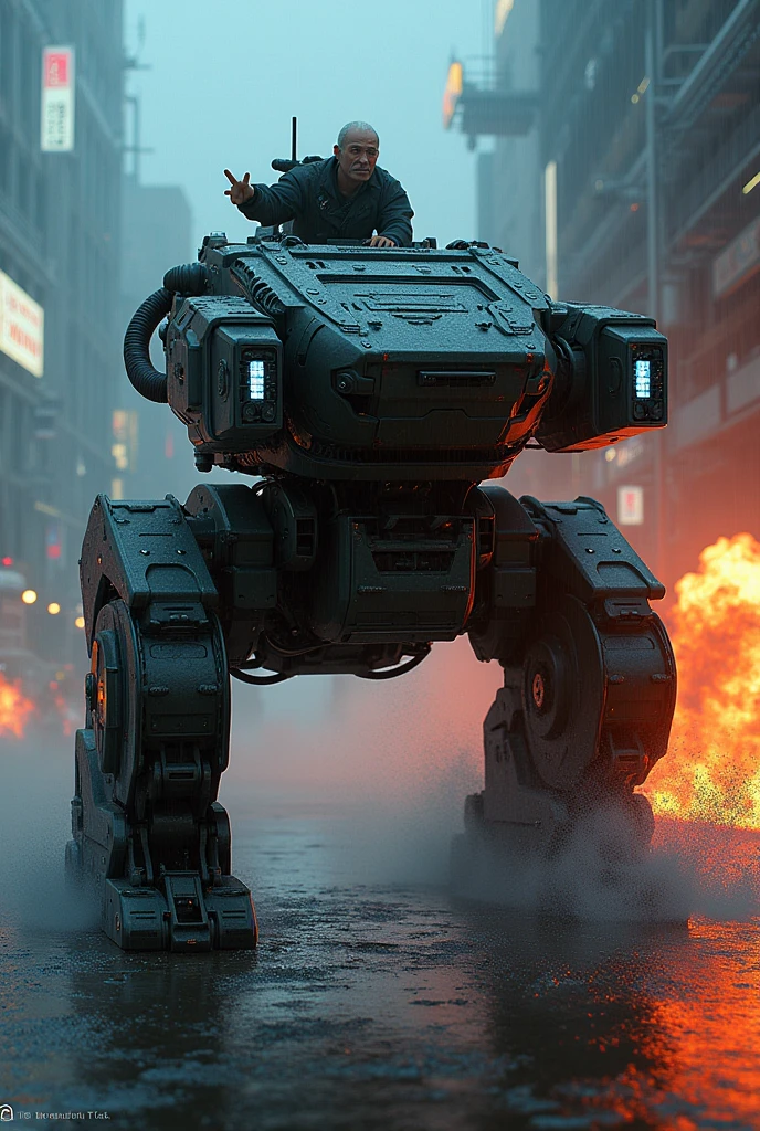チームベースのアクションシューティングビデオゲームの非常に詳細な多足多関節の近未来的なHeavy Armor戦車のキャラクター、Job title: Tank、Exquisitely detailed tanks、Heavy Armor、Rocket Launcher、Old man driving a tank、Concept Art、Intricate details、Hyperrealistic、8k、Highest quality、Photorealistic、masterpiece、terrorist attack、 explosion、night、rain、 Detailed futuristic cityscape、Neon Light