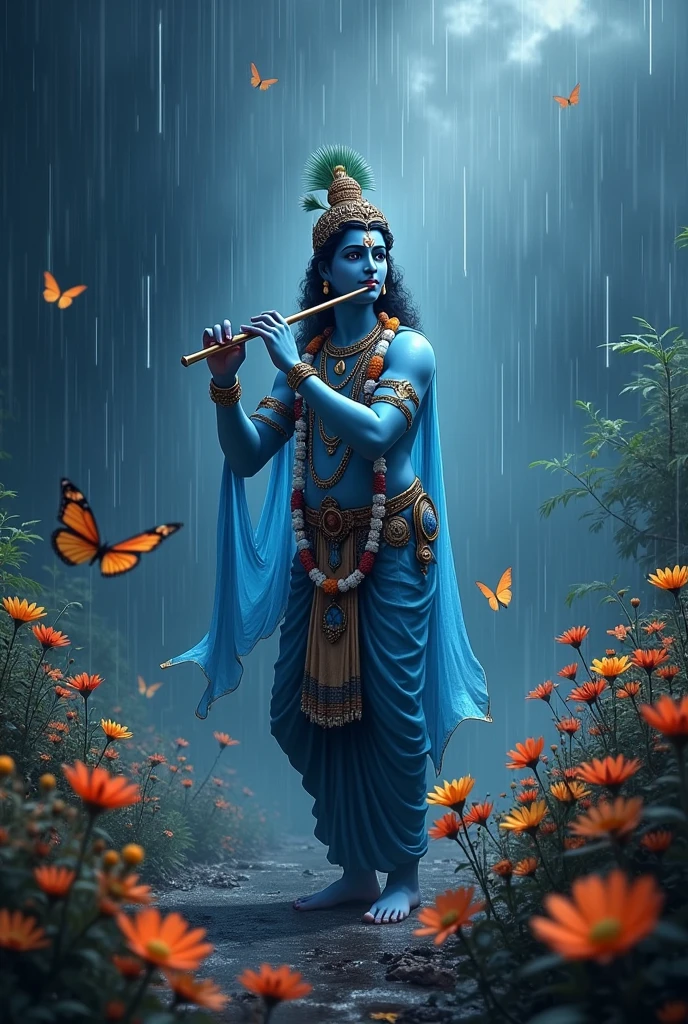 Create an image with Dark background, Heavy rain fall, Krishna Flute, butterflies, Flowers and letter string of "N B Shankar".