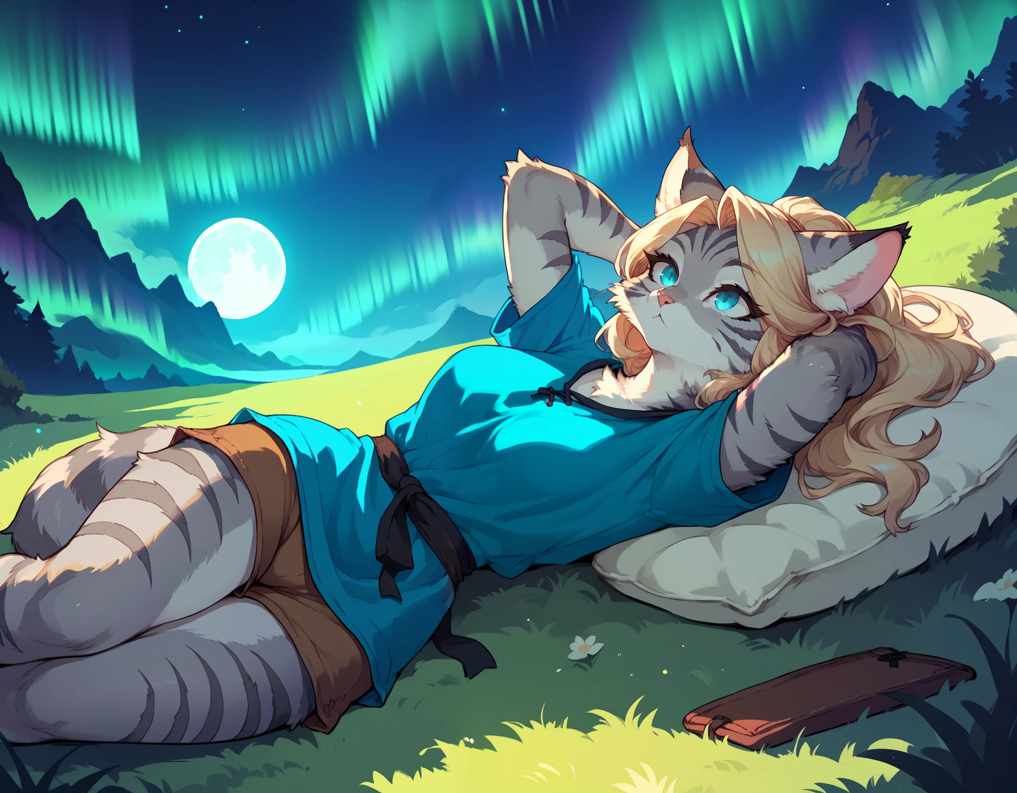 score_9,score_8_up,score_7_up, score_6_up, score_5_up, source_anime, kemono style, Kat, female Anthro furry feline, silver fur, grey stripes on body, blue eyes, long blonde hair, pink nose, :3, she is wearing blue tunic, brown short shorts, barefoot, lying on her back, at a small campsite, hands behind head, lying on a brown sleeping bag, resting her head on a pillow, on a grassy hill, scenery shot, far away shot, beautiful starry night sky, aurora borealis, full moon, looking up at the sky, relaxed expression,