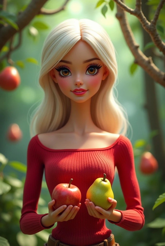 Image of a girl with a Barbie cartoon style, white hair, dark brown eyes, a seductive look, with an apple and a pear, wearing a long-sleeved red shirt, representing the forbidden fruit of the Eden of good and evil.