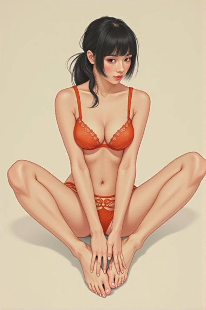 Depict a Japanese woman in underwear with her legs spread apart