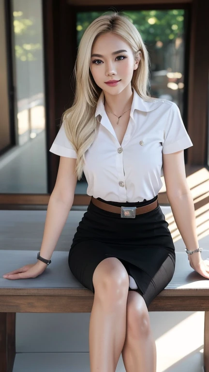 Pretty thai woman blonde hair , (8k, best quality, masterpiece, ultra highres:1.2) Photo of Pretty thai woman beautiful, beautiful enchanting fashion contemporary painting with , (1girl), (white shirt short sleeves), ((black pencil skirt)), belt , blonde hair , realistic skin texture , round chin, 85 mm art lens, f 1. 2, sharp focus, 8 k high definition, insanely detailed, intricate, elegant, large breasts, big breasts , black skirt