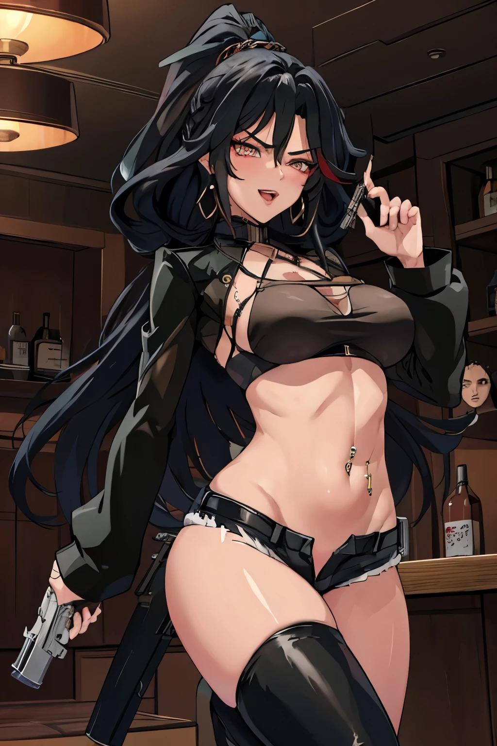 (Portrait), (NSFW, slim body, pubic hair, 1 gir, nude natural titsl), (best quality, high-res, ultra-detailed, anime style, pastel, warm), long black hair, yellow eyes, vampire yellow eyes, smug, slightly smiling, collar, vaporwave interior, red lightning, red interior, succubus, red light, dark red lights, bondage, chains, straps, retro anime art, demon horns