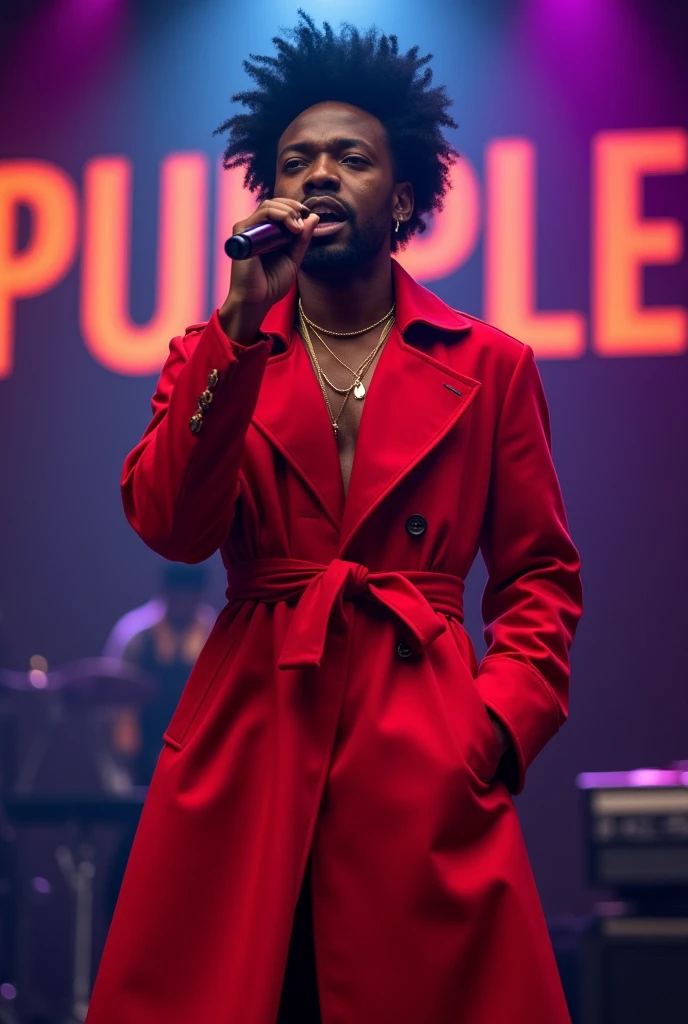 Afro male in a red trench coat singing on stage with the Words Tj Purple boldly written on the Background