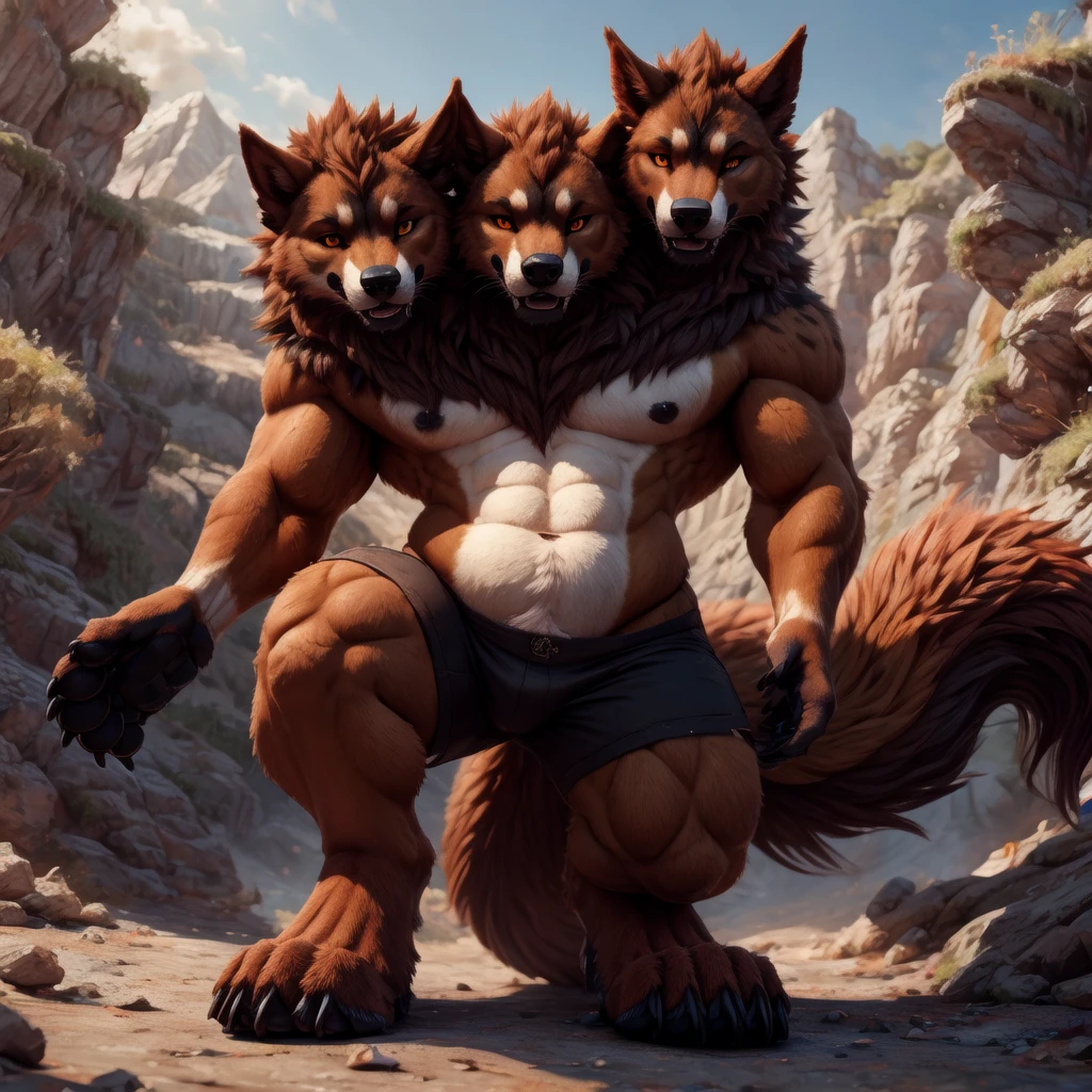 masterpiece,highly detailed,8k resolution,solo,ultra detailed perfect piece,masterpiece,extremely detailed CG 8k,very fine 8K CG,best quality,absurdres,zoomed out view,full body view,must be a large and towering cerberus, height is 7ft 6in which is large,anthro wolf with 3 heads aka a Cerberus, brown fur with a more tan furred underbelly, snout and maws on our own heads, with a curvy and defined muscular feminine body, D cups with thick thighs, three seprate large bushy tail, pointed canine ears, paw-like hands and digigrade legs with paw-like feet, black paws pads and claws too, each of us having our own ears and maw and neck but one singular same body,wearing a tank top and black shorts

Each head has different eye colors,the middle head has orange eyes, the left head has red eyes, the right head has yellow eyes
All the heads are the same heads but differently angled on one body after all,three identical tails,two arms and two legs only,same fur colors,must be female with D cups or breasts