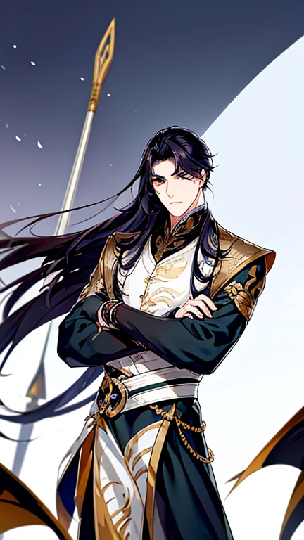 1 man, mature, High (2.00 cm), looks about 35 years old, has long black hair, straight and shiny, tied in the Chinese Taoist style, majestic black eyes, Extremely detailed eyes, perfect eyes, đôi mắt cực kỳ thực tế, balanced eyes, Long eyelashes, Anime style, perfect face, mature, fair skin, natural body, Perfect hands, detailed hands, arms in proportion to the body, đôi tay thực tế, arm with good anatomy, spear, He was only wearing a black Chinese style shirt decorated with gold and silver with dragon motifs woven into the shirt but still could not hide his toned body from years of training., look at the viewer, The background is a Chinese-style pavilion., pose alone, look at the viewer.