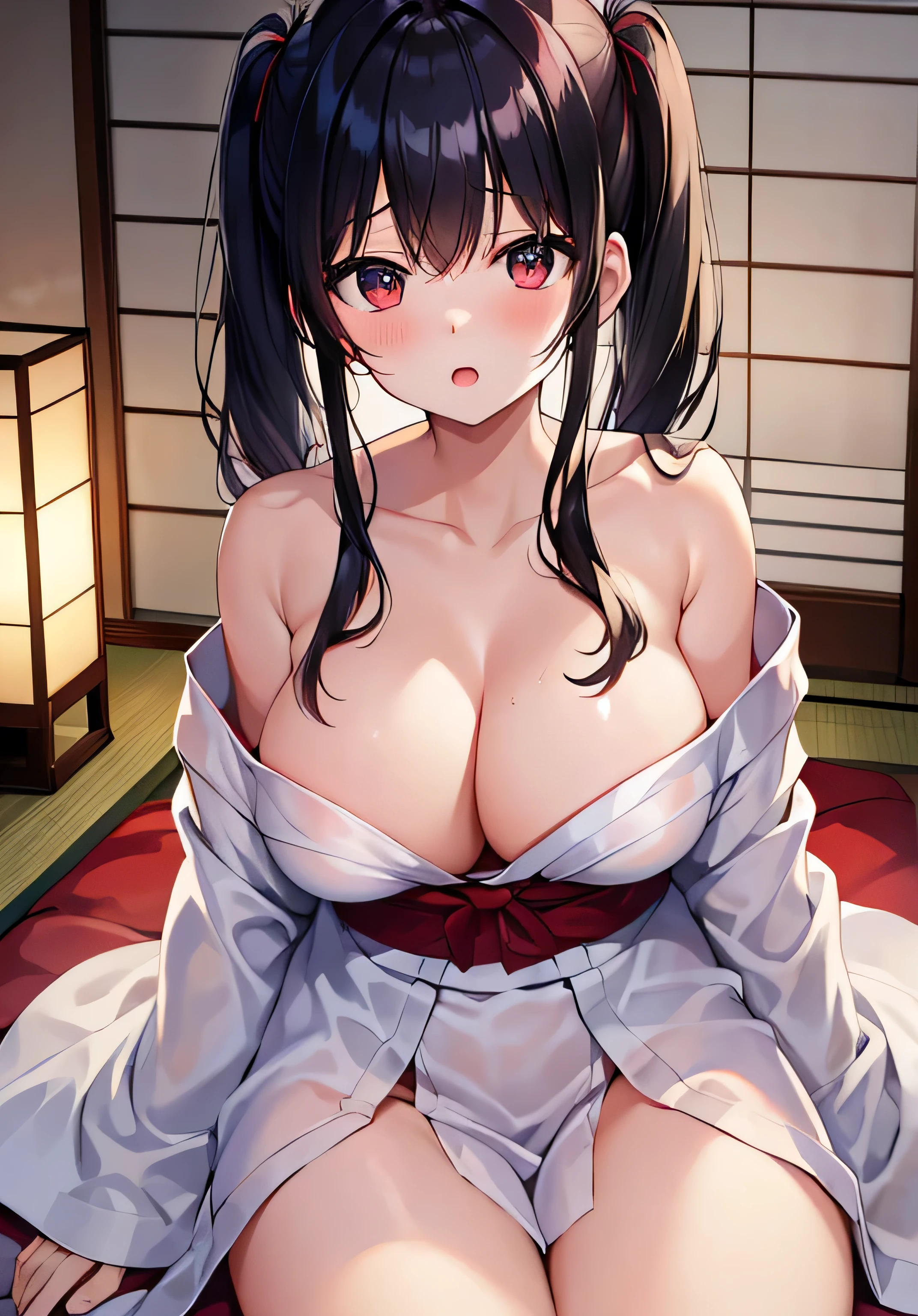 masterpiece、Highest quality、Ultra-high resolution、nsfw、age girl with big breasts、twin tail hairstyle、black hair、Red face、shyly、open your mouth just a little、A white yukata made of white towel fabric with exposed shoulder、cleavage、Beautiful bare thighs、sit on the Futon mattress、inside Japanese style tatami room at night time、night time