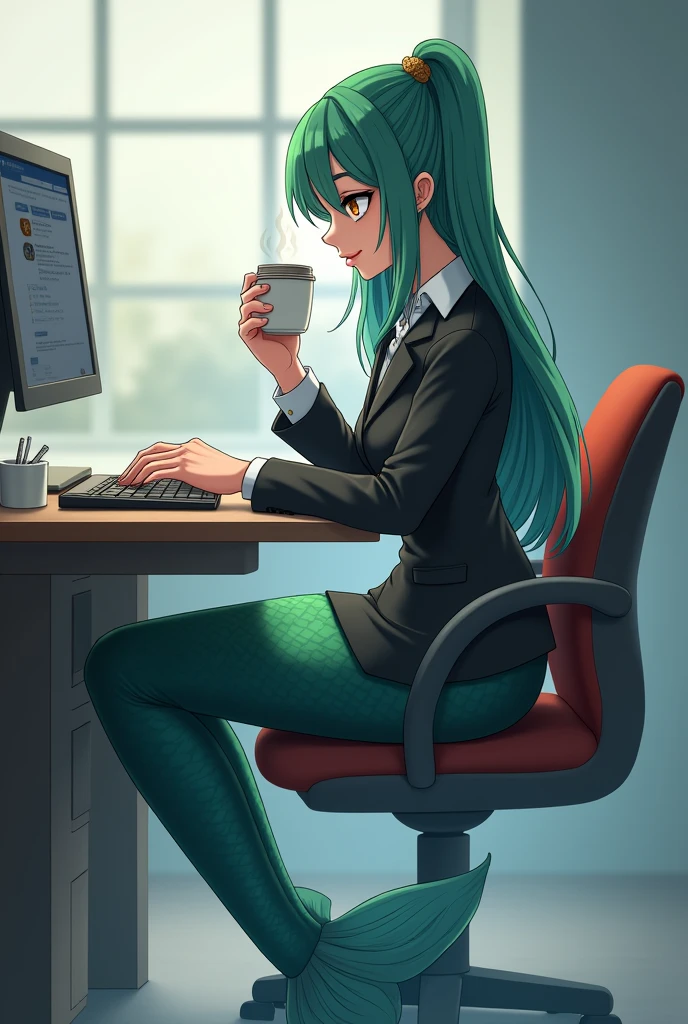 1 mermaid sitting at a desk,Wearing professional attire(Only the fish tail is exposed),Typing seriously on the keyboard。There is a cup of coffee on the table,She also picked up the coffee cup with a hand full of fish scales and took a sip
