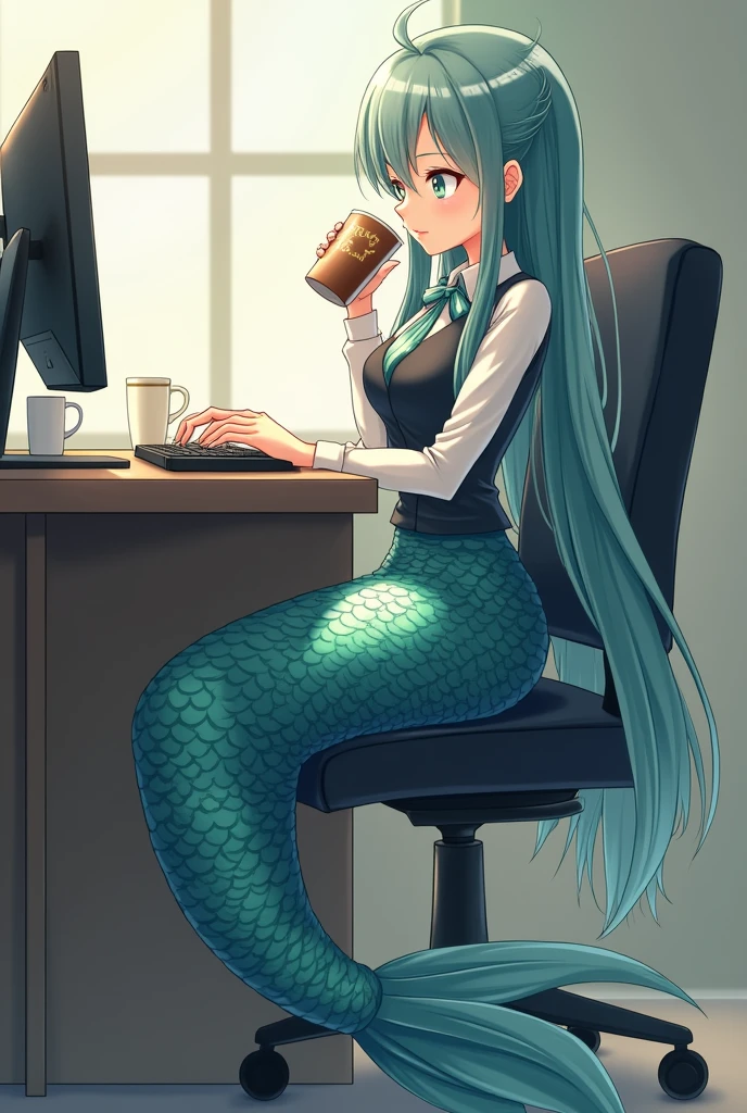 1 mermaid sitting at a desk，Wearing professional attire（Only the fish tail is exposed），Typing seriously on the keyboard。There is a cup of coffee on the table，She also picked up the coffee cup with a hand full of fish scales and took a sip