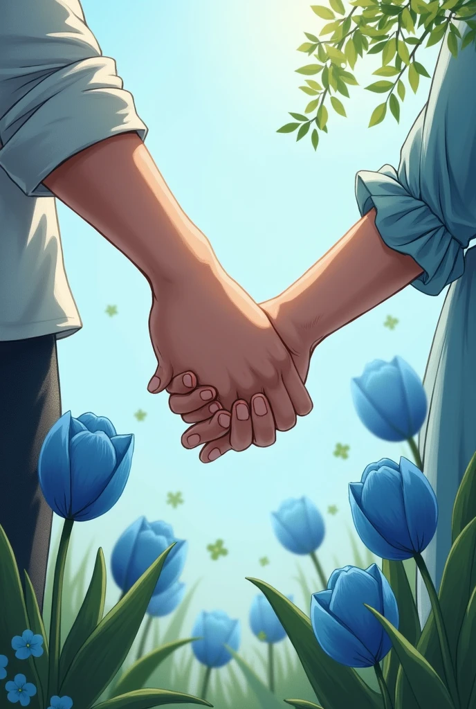 Hands intertwined with love of man and woman on sky blue and green background with blue tulips and green flowers