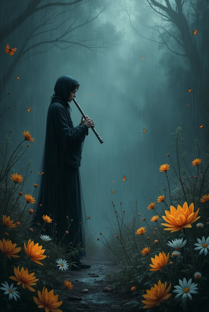 Create an image with Dark background, Heavy rain fall, Flute, butterflies, Flowers and letter string of "N B Shankar".