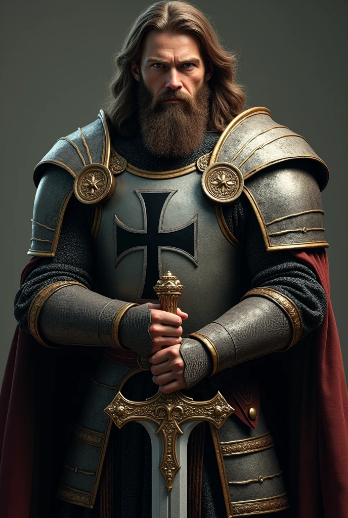 side view, standing pose, action pose, 12th century, One of the Teutonic Knights, (Germany man, 30 age-old, brown hair, long hair, beard, mustache, serious),Cover the whole body in armor, He has a double-edged sword in both hands, (one Crusader sword), The handle is cross-shaped, It is decorated, ((He wears a cloak with a Black cross on his chest)), Accurate, ((Anatomically correct,Surrealism, UHD, retina, accurate, anatomically correct, textured skin, super detail, high details, best quality, 8K))