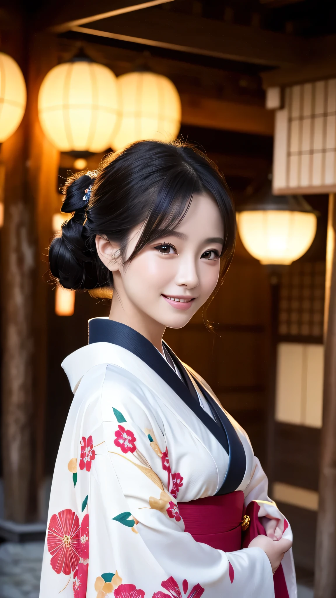 (Super beautiful woman in kimono)、((highest quality、8K masterpiece:1.3))、sharp focus:1.2、(super beautiful face:1.0)、(shiny skin:1.0)、realistic pictures、black hair、video lighting、High resolution eyes and face、video lighting、japanese actress、from the front、with a happy smile、whole body、wearing a kimono、in Kyoto、(luxury obi)、with a fan、Fireworks Display