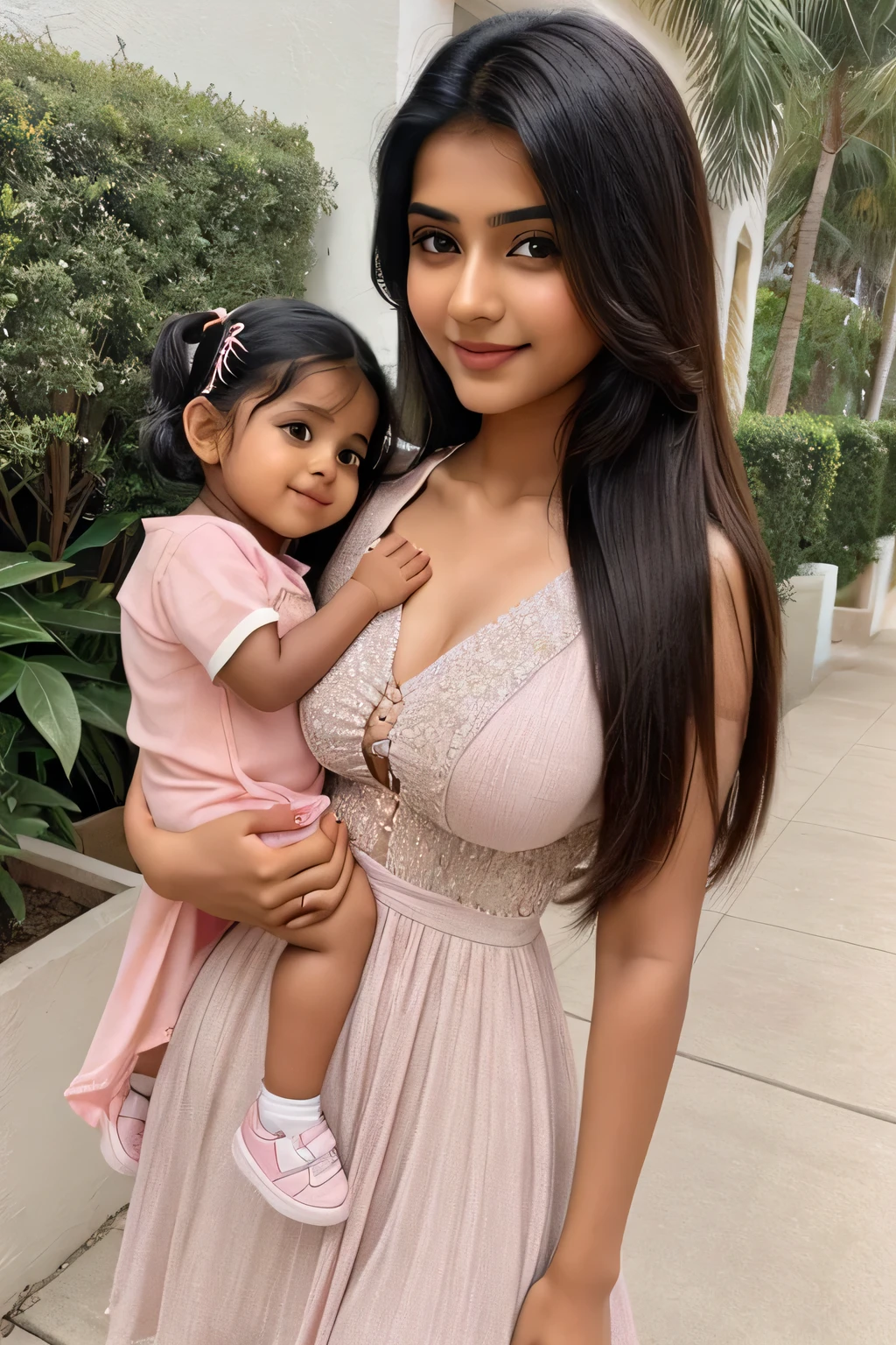 cute beautiful full hot romantic mood indian girl with smily face with small size boobs with different types of Hair style with stylish trending modern different color full stunning dress with his 2 years old cu baby with cutstraight full hot pic