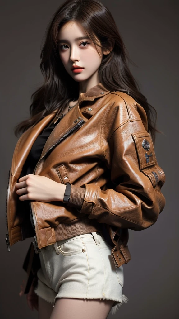 araffe woman in a brown leather jacket posing for a picture, korean women's fashion model, leather, leather clothes, gorgeous young korean woman, korean girl, brown leather jacket, she wears leather jacket, beautiful south korean woman, wearing cyberpunk leather jacket, dressed in short leather jacket, ig model | artgerm, very aesthetic leather jacket, brown jacket