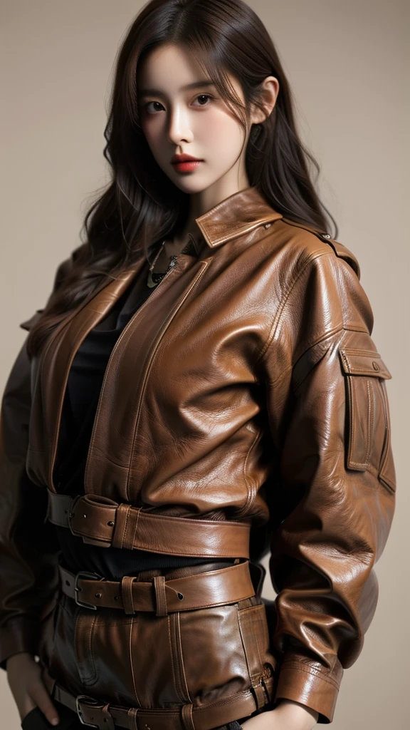 araffe woman in a brown leather jacket posing for a picture, korean women's fashion model, leather, leather clothes, gorgeous young korean woman, korean girl, brown leather jacket, she wears leather jacket, beautiful south korean woman, wearing cyberpunk leather jacket, dressed in short leather jacket, ig model | artgerm, very aesthetic leather jacket, brown jacket