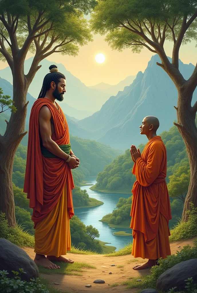 Ashoka’s Conversion to Buddhism: Illustrate Ashoka encountering a Buddhist monk, with a serene, transformative moment as he begins to embrace Buddhism and the path of non-violence.