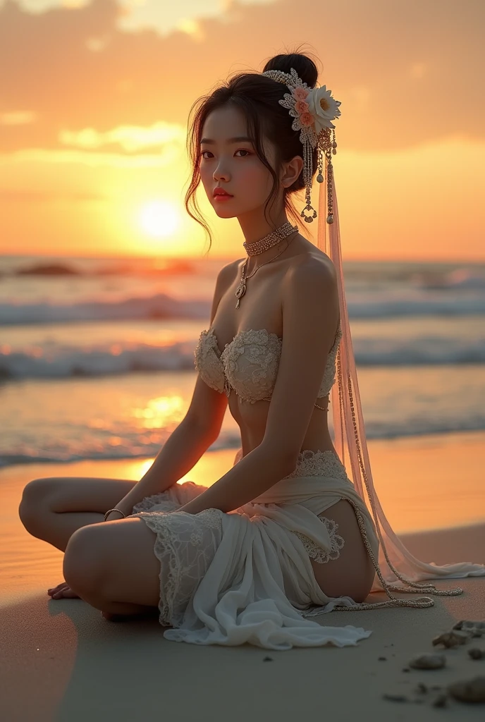 nude woman sitting on the beach with her legs crossed, a picture by Kentaro Miura, tumblr, process art, japanese goddess, giant stunning goddess shot, at beach at sunset, at the beach, on the beach, on a beach, in the beach, on a sunny beach, at a beach, on the beach at sunset, standing near the beach