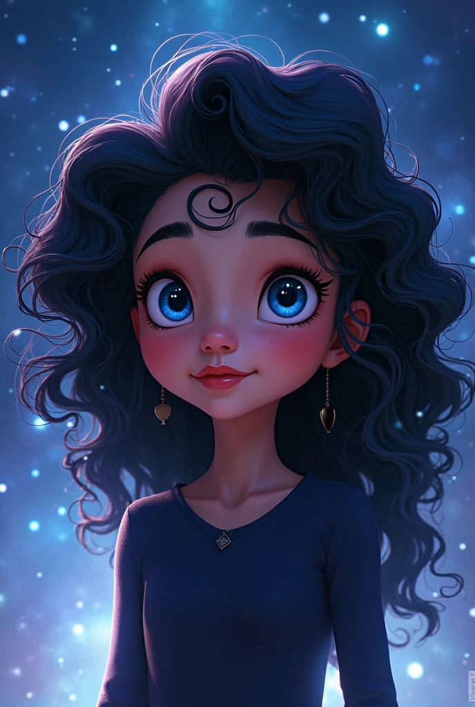 Girl with long curly hair and blue slanted eyes in the universe of Miraculous Lady Bug