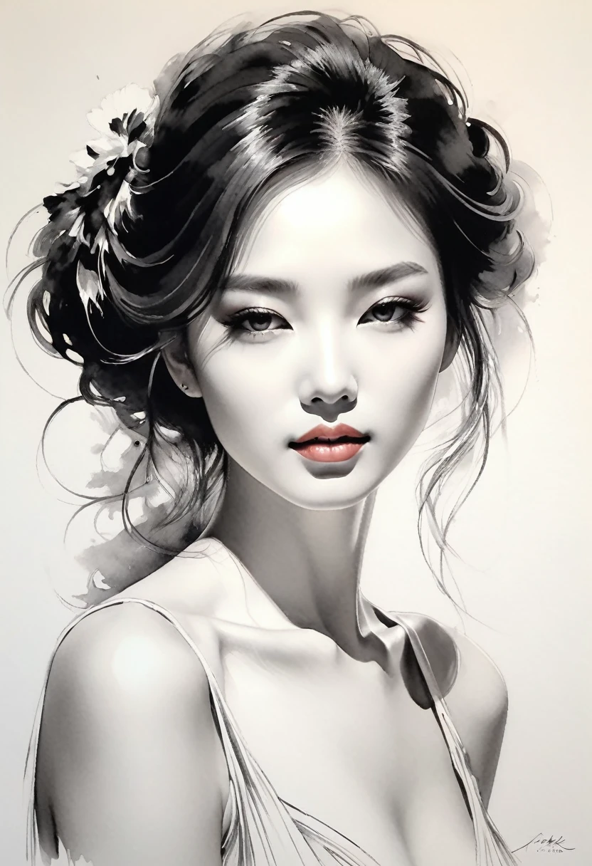 elegant maiden,black andwhite水墨画,pen sketch drawing,loose brushwork,Pen outlines delicate lines,Fluid action,Subtle shades of paint,elegant posture,A peaceful expression,Delicate facial features,black andwhite,to clean