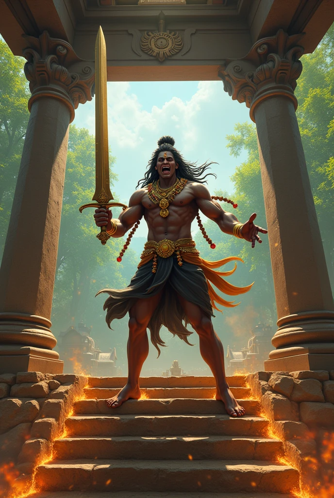 Hindu male deity wears black half-length shirt, garlands around neck, gold jewelry, sword in one hand, hair in bun on right, dark complexion, standing enraged inside 4-legged mandapam, 18 steps in front of him. Behind a Green village, 3d