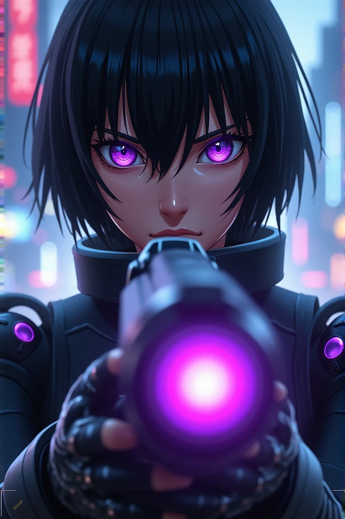 motoko from sac_2045. She is holding a gun with glowing violet and her eyes are a vivid violet. The background is a blurry cityscape with neon lights. The woman is depicted as powerful and confident. face closeup