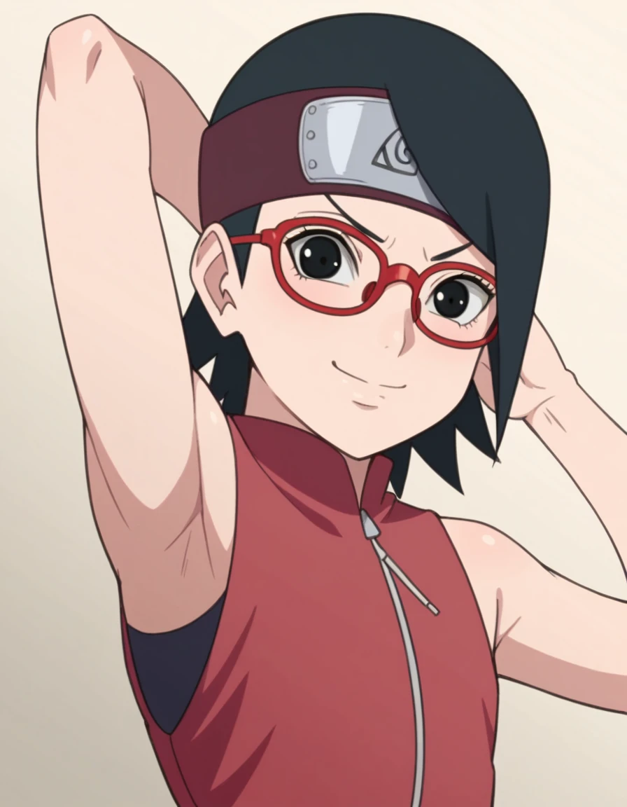 score_9, score_8_up, score_7_up, source_anime, sarada uchiha, short hair, black hair, black eyes, red-framed eyewear, glasses, swept bangs, looking at viewer, eye contact with viewer, smile, (smug:0.8), closed mouth, light blush, bare shoulders, bare arms, bedroom background, arm up, raised arm, arm behind head, armpit, flat chest. BREAK 1boy, penis, poke, faceless male, white skin, bigger male,