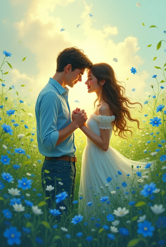 Lovingly intertwined hands of a man and a woman in a field of blue and green flowers
