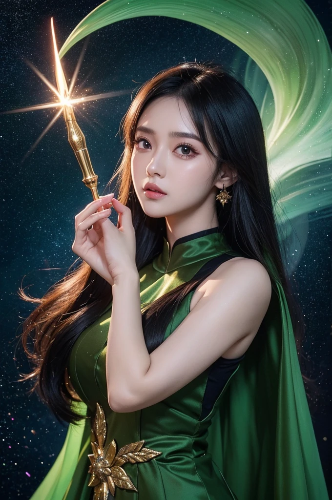 anime girl with a wand and a star in her hand, beautiful celestial mage, beautiful fantasy anime, anime style 4 k, anime fantasy artwork, anime art wallpaper 8 k, anime art wallpaper 4 k, anime art wallpaper 4k, 8k high quality detailed art,  gothic maiden anime girl, anime fantasy illustration, detailed key anime art, lukisan matte seorang gadis anime berambut hijau dengan mata coklat berkilau dengan motif Bintang, memakai baju tradisional kebaya berwarna hijau, memegang anting hijau, tangannya memakai cincin berwarna hijau berkilau, glitter yang mendetail, warna yang dalam, fantastis, detail yang rumit, layar splash, warna yang saling melengkapi, seni konsep fantasi, resolusi 8k yang sedang tren di Artstation Unreal Engine 5 " glamor dan gemerlap, dengan Potret Berpayet Berkilau Realistis. 4k, sangat detail, seluruh tubuh