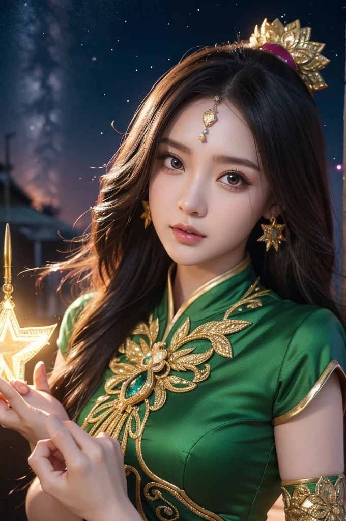 anime girl with a wand and a star in her hand, beautiful celestial mage, beautiful fantasy anime, anime style 4 k, anime fantasy artwork, anime art wallpaper 8 k, anime art wallpaper 4 k, anime art wallpaper 4k, 8k high quality detailed art, gothic maiden anime girl, anime fantasy illustration, detailed key anime art, lukisan matte seorang gadis anime berambut hijau dengan mata coklat berkilau dengan motif Bintang, memakai baju tradisional kebaya berwarna hijau, memegang anting hijau, tangannya memakai cincin berwarna hijau berkilau, glitter yang mendetail, warna yang dalam, fantastis, detail yang rumit, layar splash, warna yang saling melengkapi, seni konsep fantasi, resolusi 8k yang sedang tren di Artstation Unreal Engine 5 " glamor dan gemerlap, dengan Potret Berpayet Berkilau Realistis. 4k, sangat detail, seluruh tubuh
